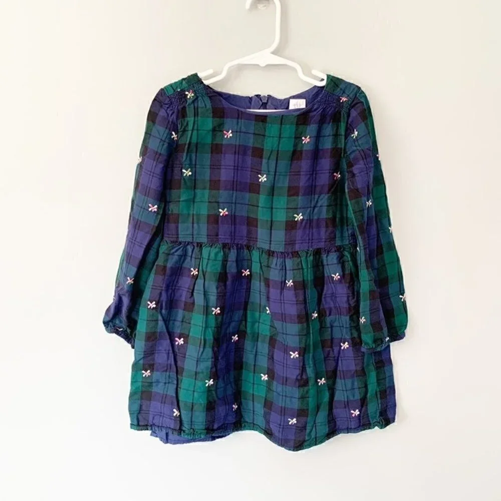 5/$25 Gap Kids Sarah Jessica Parker Plaid Embroidered Butterfly Dress Green Blue